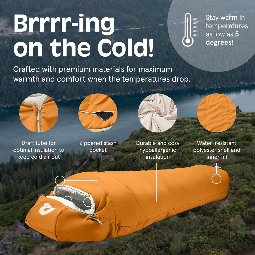 Retrospec Dream 15 Mummy Sleeping Bag For Camping - Insulated Cold Weather, Lightweight, Water-Resistant With Adjustable Draw Co