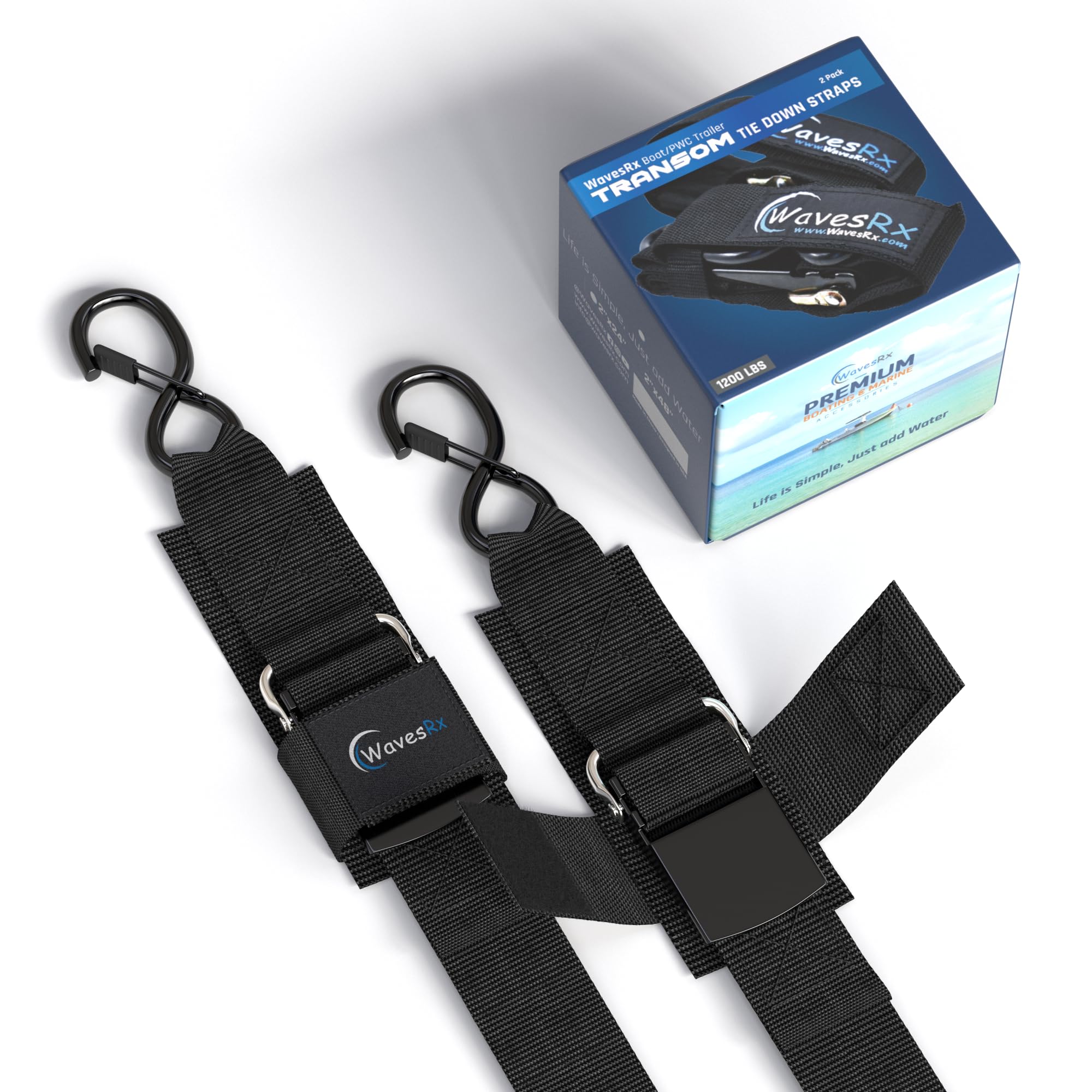 Wavesrx Boat & Pontoon Trailer Transom Straps (2Pk)  48'' Marine Tie Downs Adjustable Safety Straps  Outperforms Ratcheting & Re