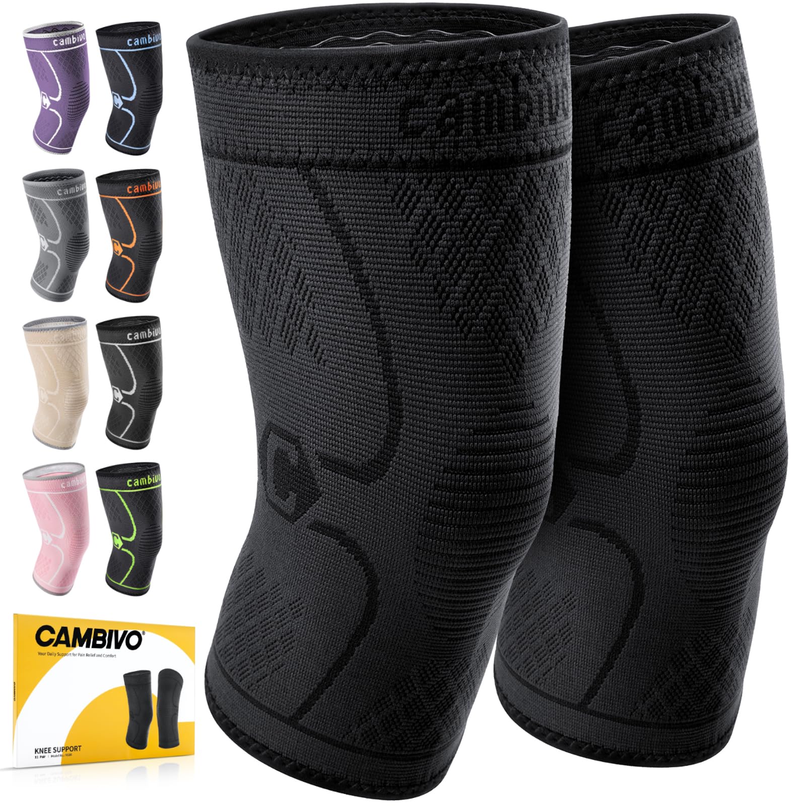 Cambivo 2 Pack Knee Braces For Knee Pain, Knee Compression Sleeve For Men And Women, Knee Support For Meniscus Tear, Running, We