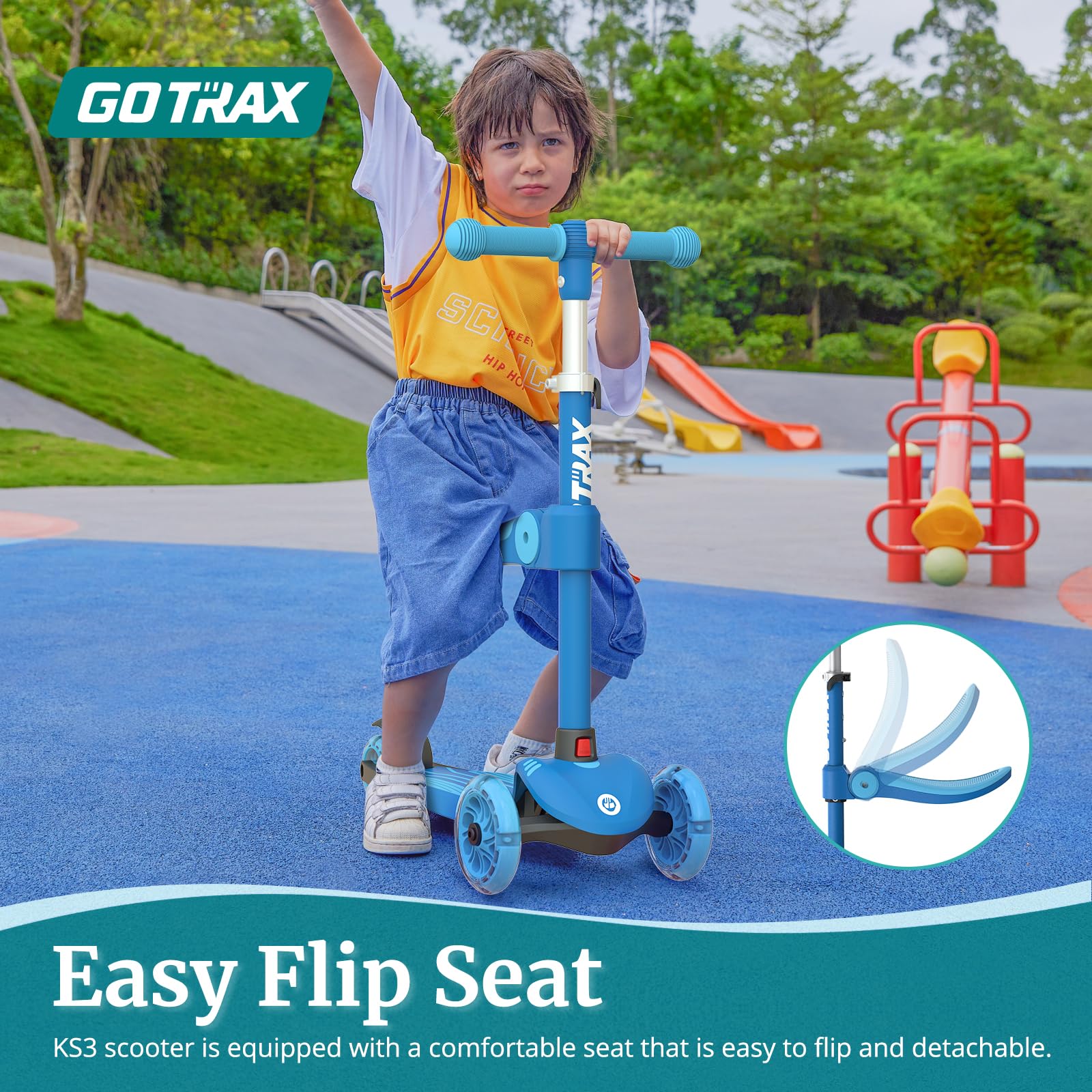 Gotrax KS3 Kids Kick Scooter, LED Lighted Wheels, Adjustable Height Handlebars and Removable Seat, Lean-to-Steer & Widen Anti-Sl