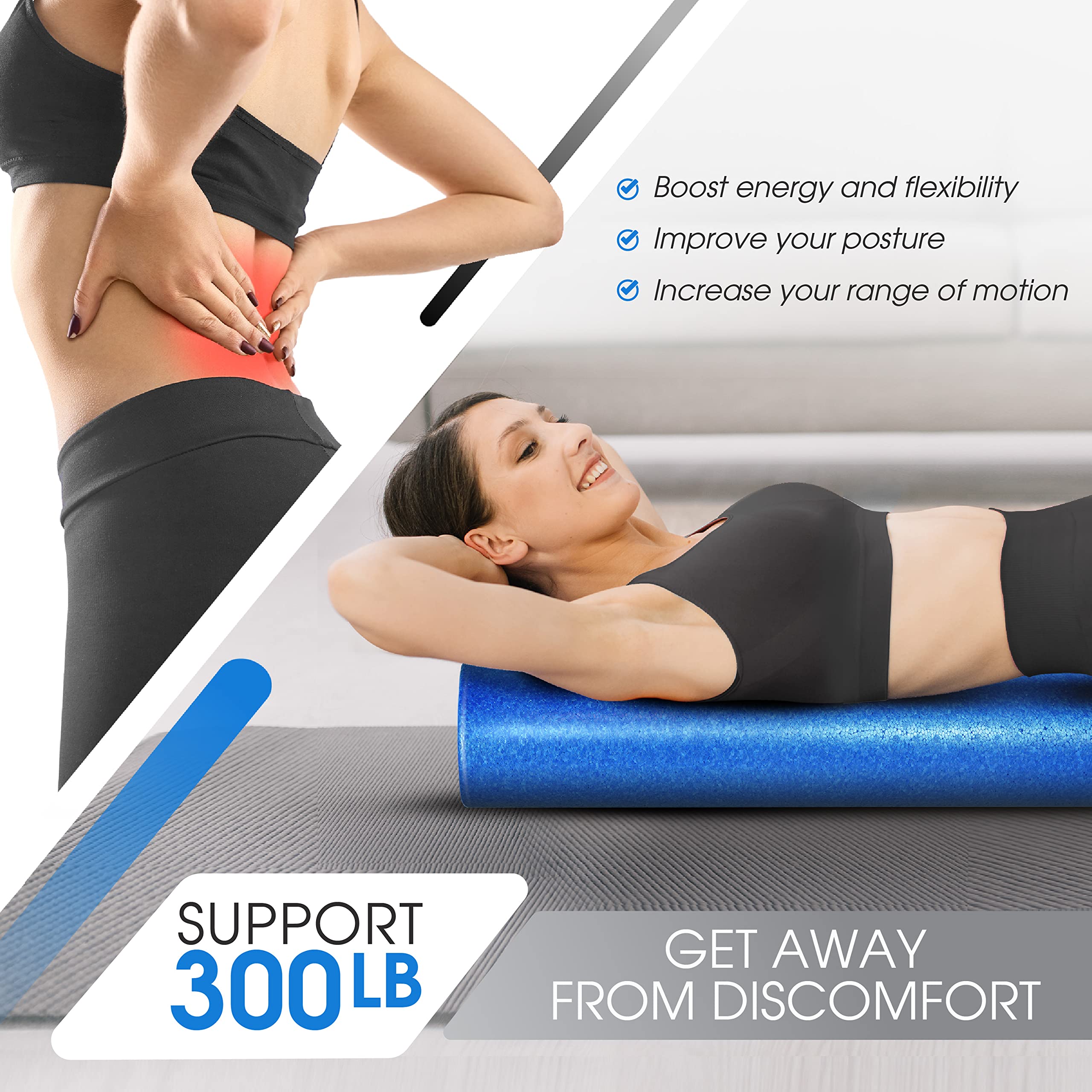 Yes4All High Density Foam Roller For Back, Variety Of Sizes & Colors For Yoga, Pilates - Blue - 36 Inches