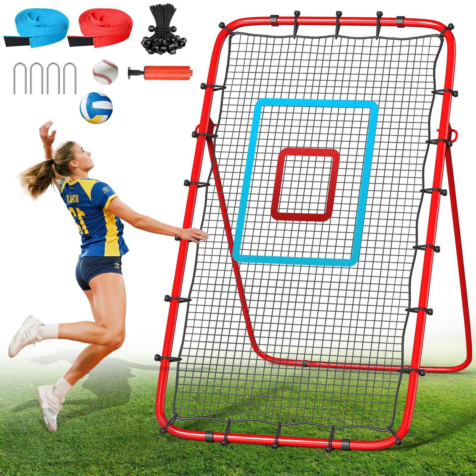 Volleyball Rebounder Net 7x4 Ft, 5-Angle Adjustable Rebounder Net for Practicing Digging, Setting, Spiking, Bounce Back Training