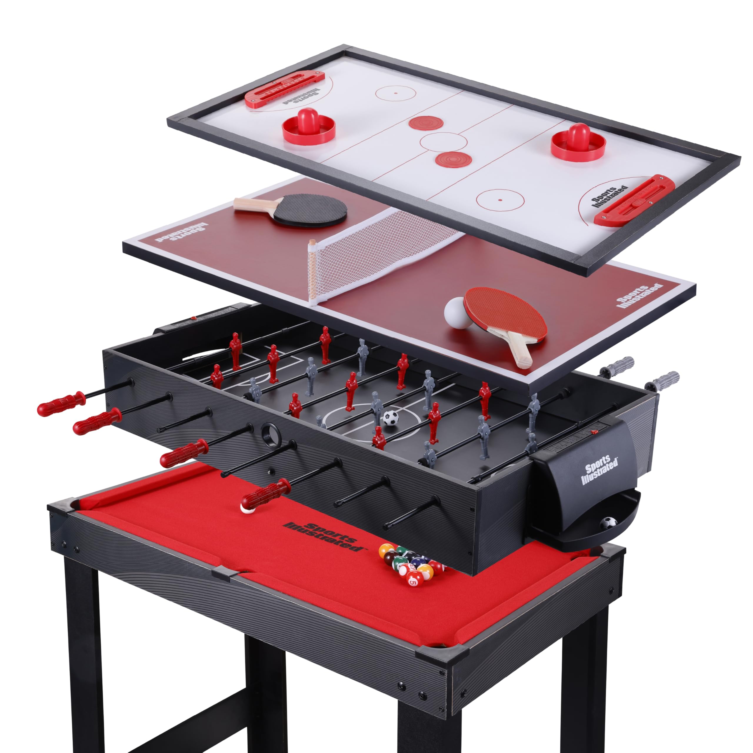 Sports Illustrated - 35 4-in-1 Multi-Game Table - Foosball, Air Hockey, Table Tennis & Billiards Combo Set with Accessories for 