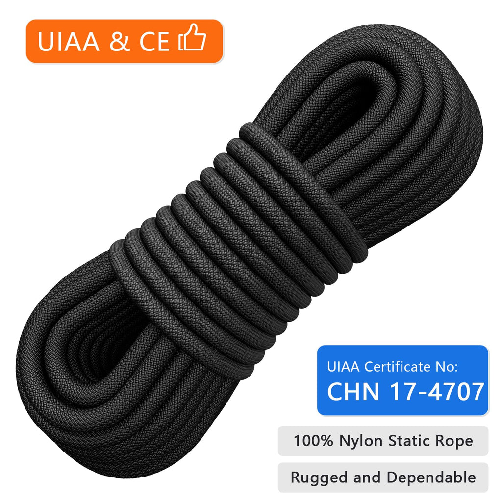X Xben Rock Climbing Rope, Static Uiaa Mountain Climb Ropes, 10.5Mm 32Ft Black Mountaineering Climbing Gear For Rescue, Hiking,