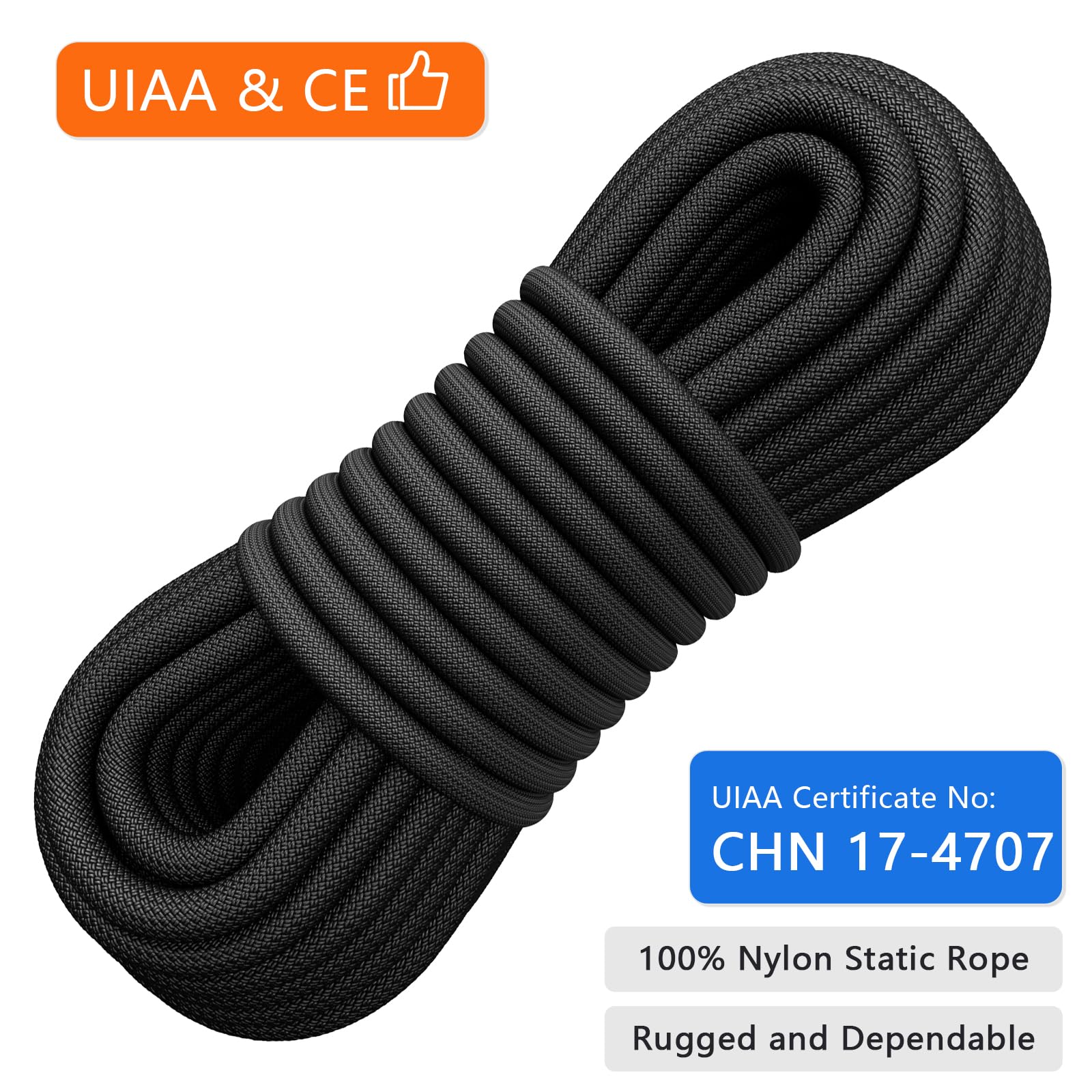 X Xben Rock Climbing Rope, Static Uiaa Mountain Climb Ropes, 10.5Mm 32Ft Black Mountaineering Climbing Gear For Rescue, Hiking,