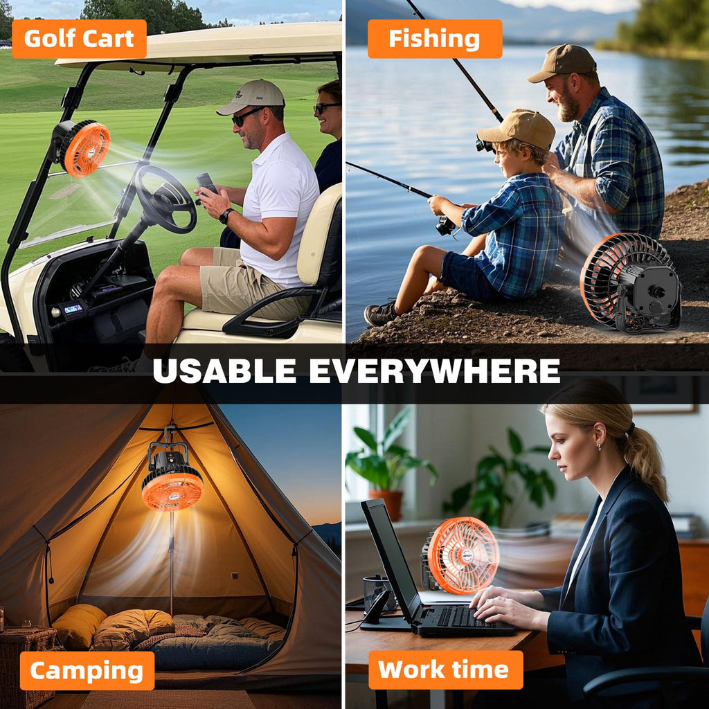 Aipset Rechargeable Golf Cart Fan, 10400Mah Battery, 3-Speed With Led Light, 36 Hrs Work, Remote Control, Hang Hook, Usb & Type