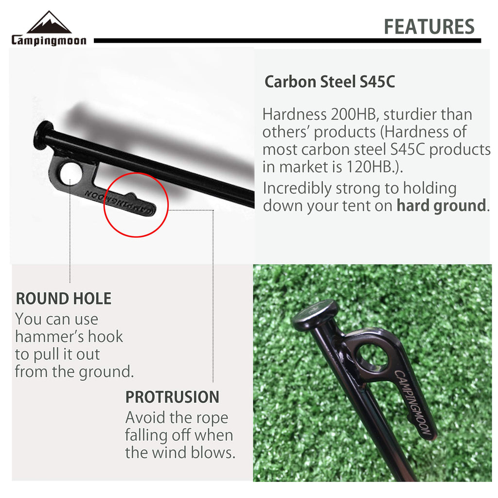 Campingmoon 8Pcs Carbon Steel S45C Black Coating Tent Stake For Hard Ground (? 7.87-Inch 8Pcs Set?)