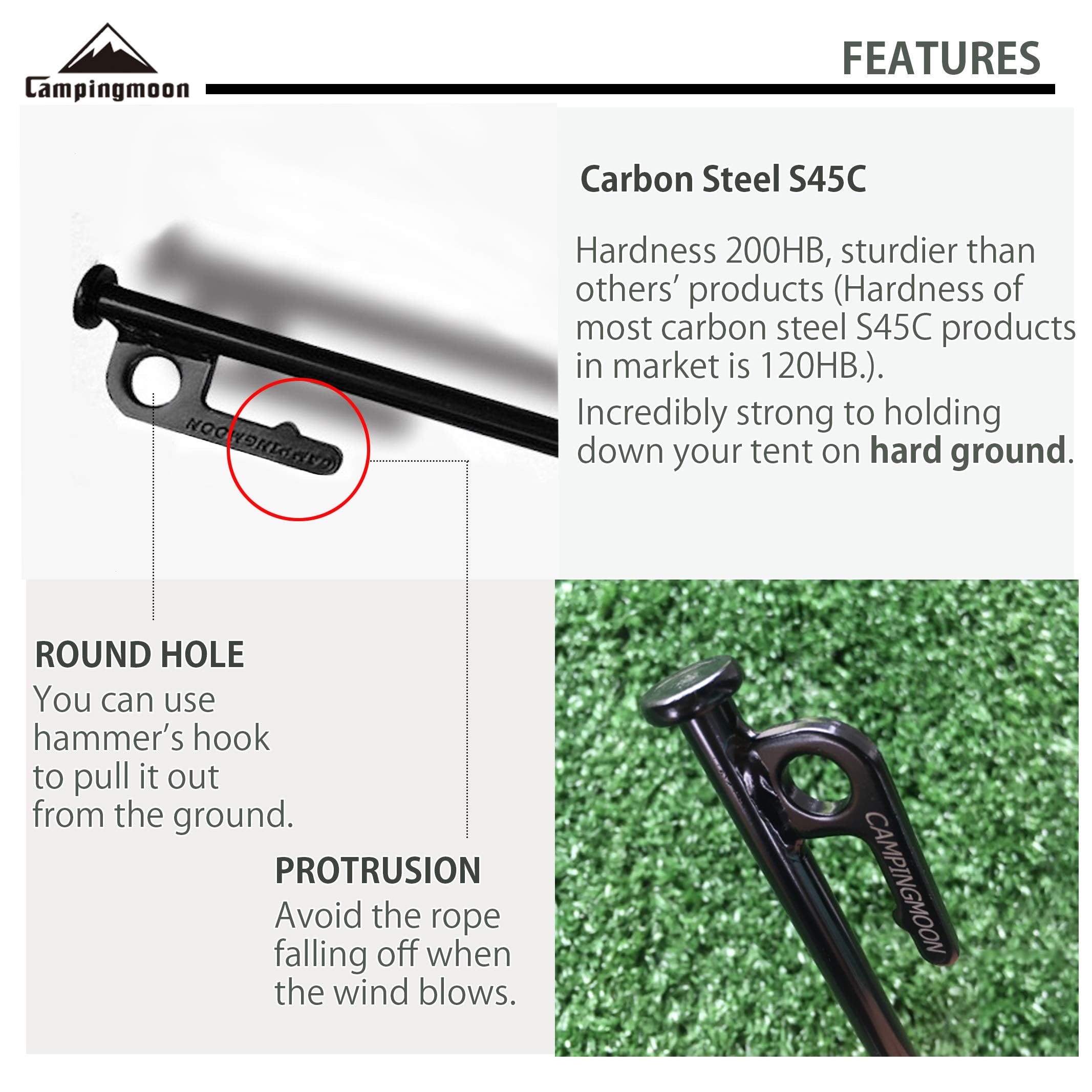 Campingmoon 8Pcs Carbon Steel S45C Black Coating Tent Stake For Hard Ground (? 7.87-Inch 8Pcs Set?)