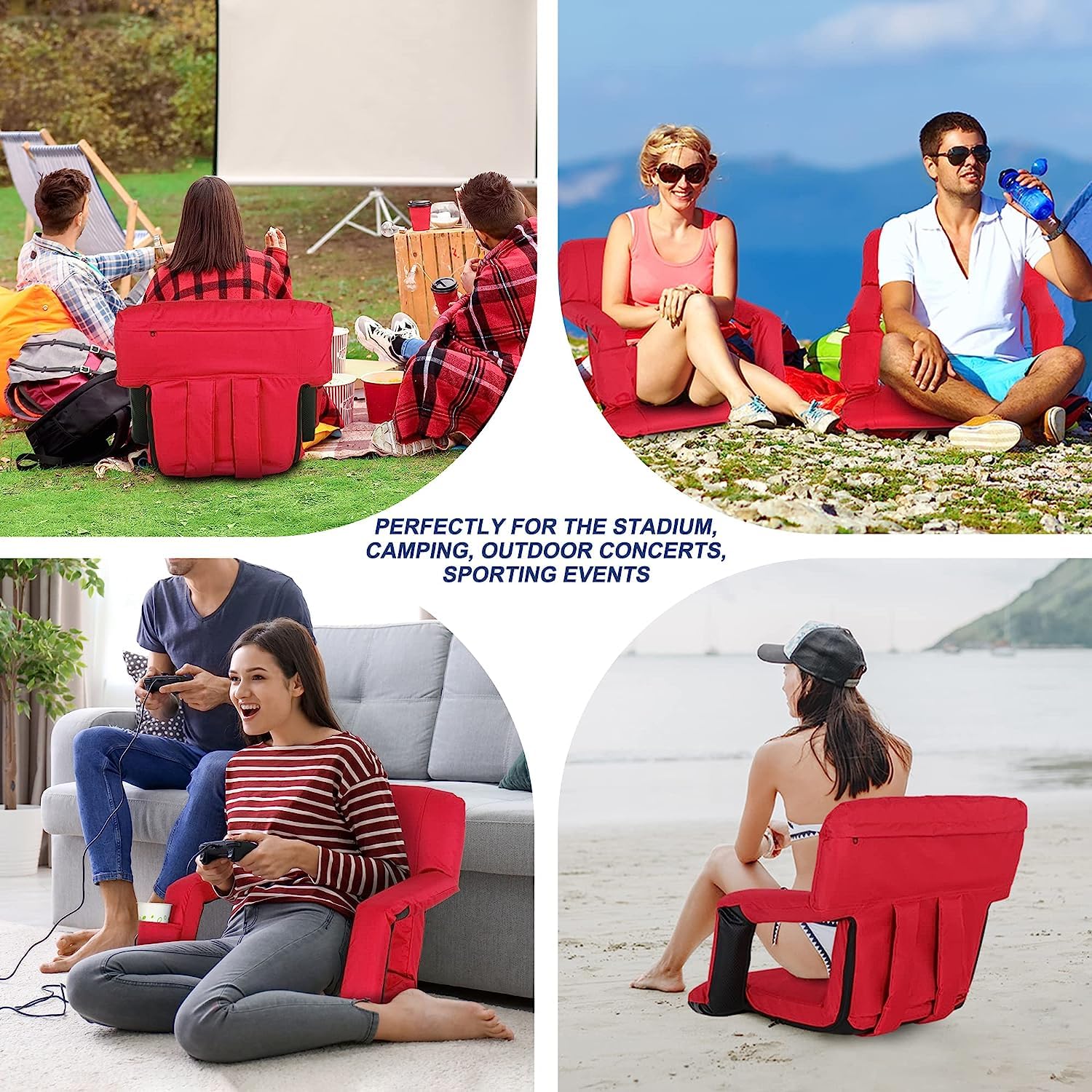 Wide Stadium Seat For Bleachers With Back Support -2 Pack Reclining Adults Camping Stadium Chair Extra Thick Cushion Bleacher Se