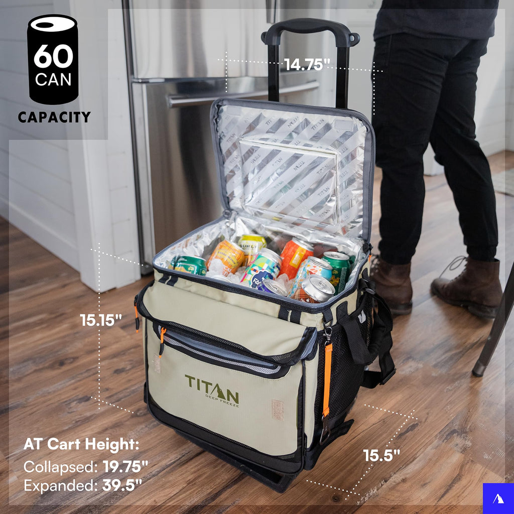 Titan by Arctic Zone Deep Freeze 60 (50+10) Can Wheeled Cooler - Collapsible Rolling Cooler with Wheels and All-Terrain Cart, Sh