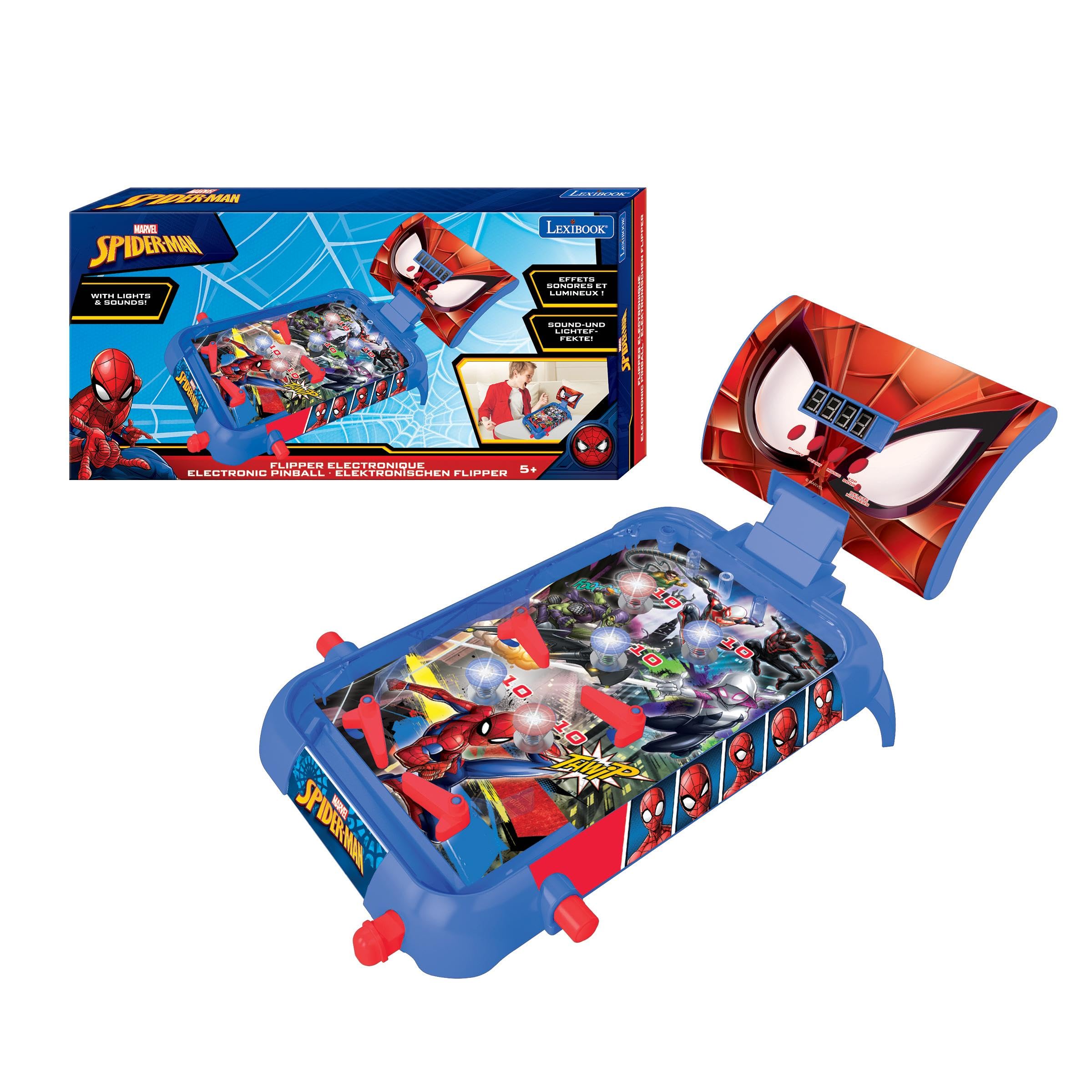 LEXiBOOK Marvel Spider-Man, Table Electronic Pinball, Action and Reflex Game for Children and familiy, LCD Screen, Light and Sou