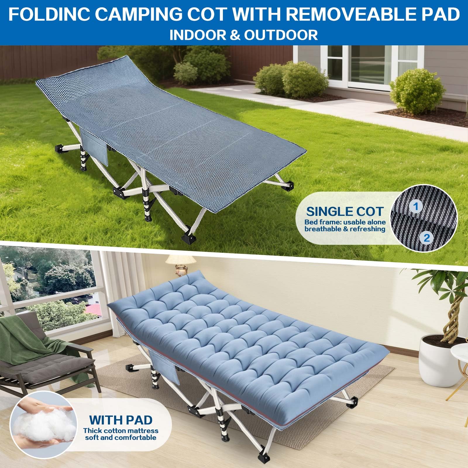 Nesdcc 79 L X 32 W X 18 H Oversize Xxl Camping Cot With Comfortable Mattress For Adults Extra Wide Cots For Sleeping Folding Cot