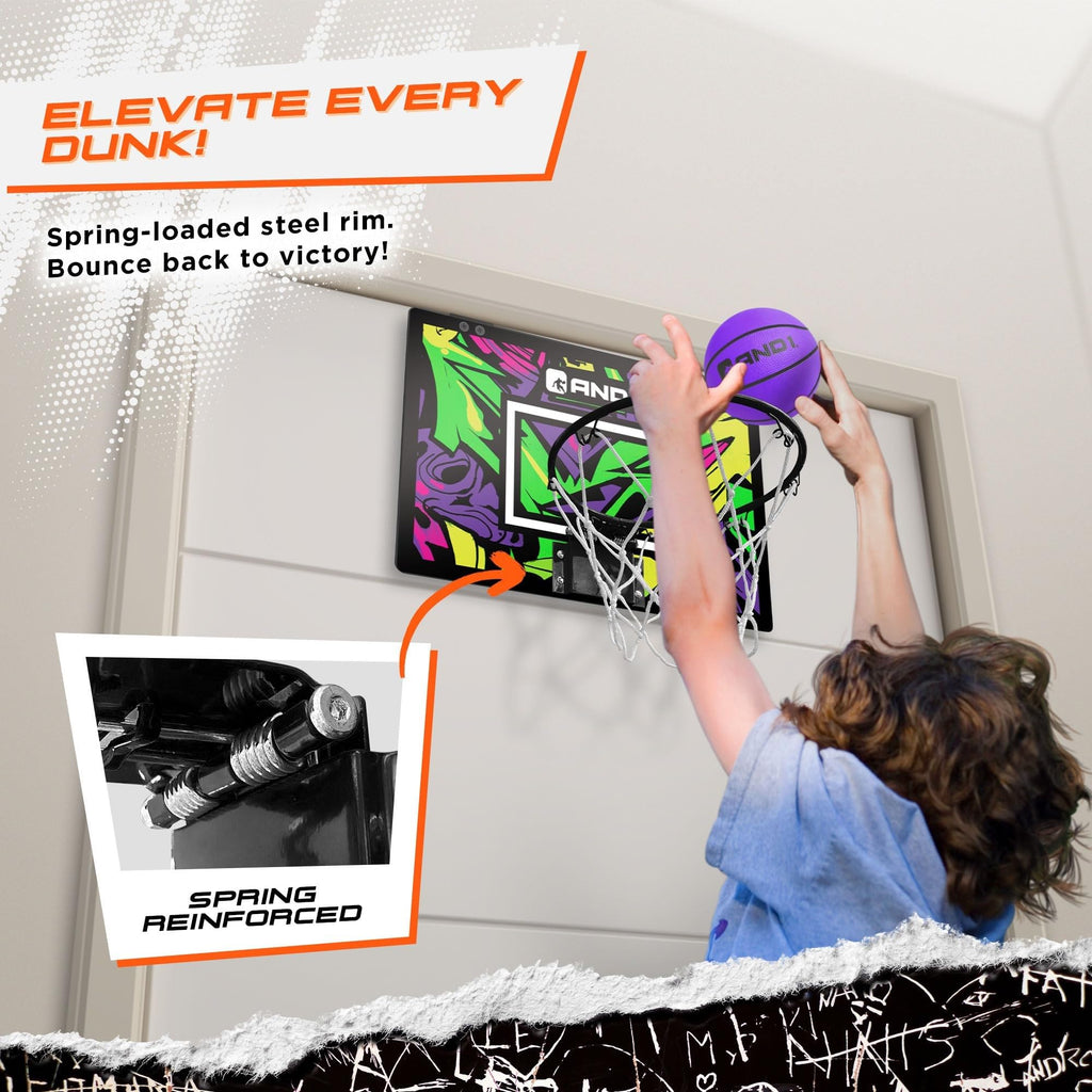 AND1 Over The Door Mini Basketball Hoop: 18x12 Shatterproof Backboard, 2 Mini Basketballs, and Hand Pump Included- Ultimate Indo
