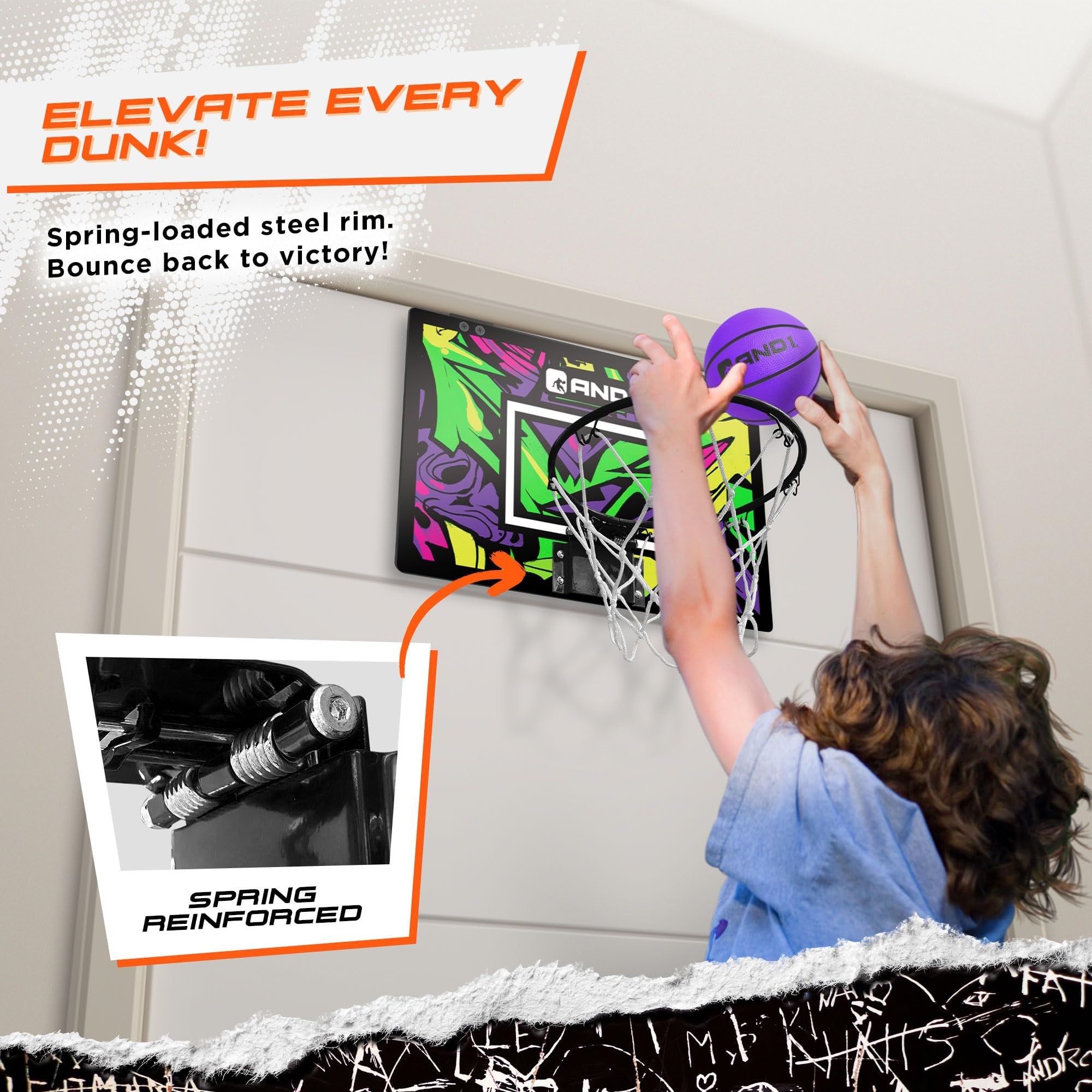 AND1 Over The Door Mini Basketball Hoop: 18x12 Shatterproof Backboard, 2 Mini Basketballs, and Hand Pump Included- Ultimate Indo