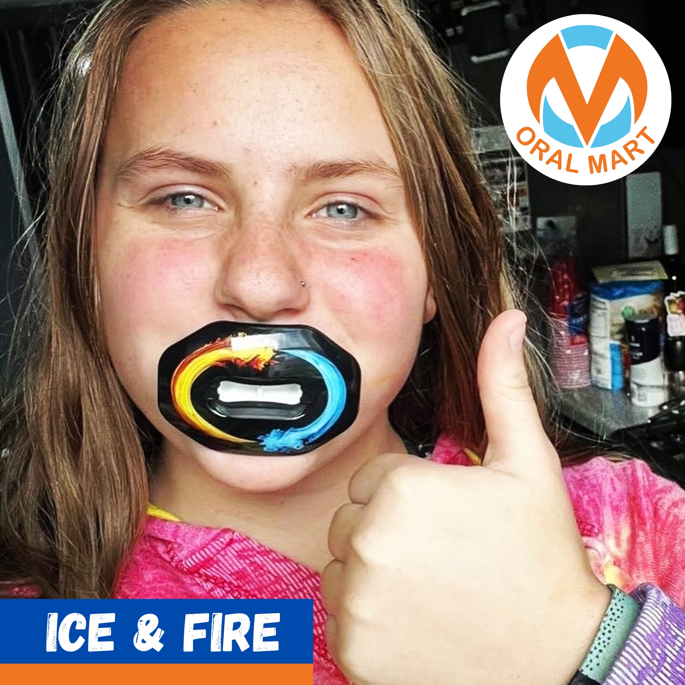Oral Mart Football Mouth Guard (Ice & Fire) - Lip Guard Mouthpiece - Football Mouthguard Pacifier Protector With Detachable Stra