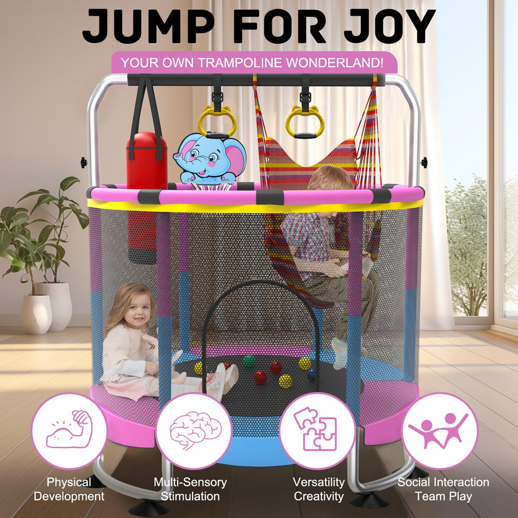Trampoline for Kids, 60 Toddler Trampoline Indoor Outdoor, 440lbs KidsTrampoline with Enclosure Net, Upgraded Ring Legs with Adj
