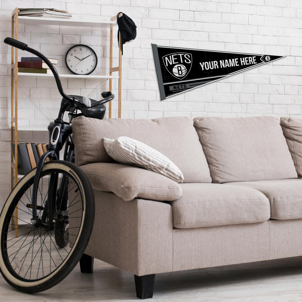 Rico Industries Nba Basketball Brooklyn Nets Personalized - Custom 12'' X 30'' Soft Felt Pennant - Ez To Hang