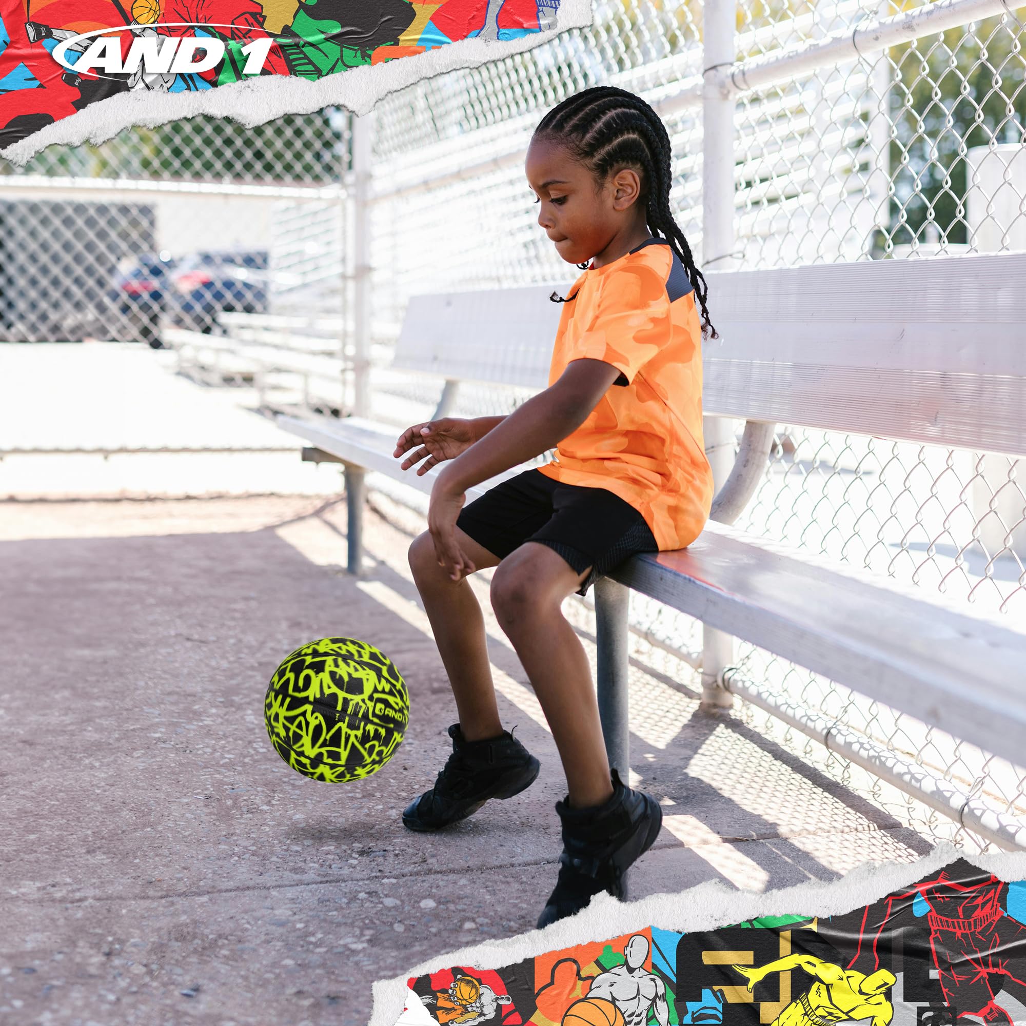 AND1 Fantom Graffiti Rubber Basketball Game Ready, 27.5 Inches, Youth Size 5, Made for Indoor and Outdoor, Sold Deflated (Pump N