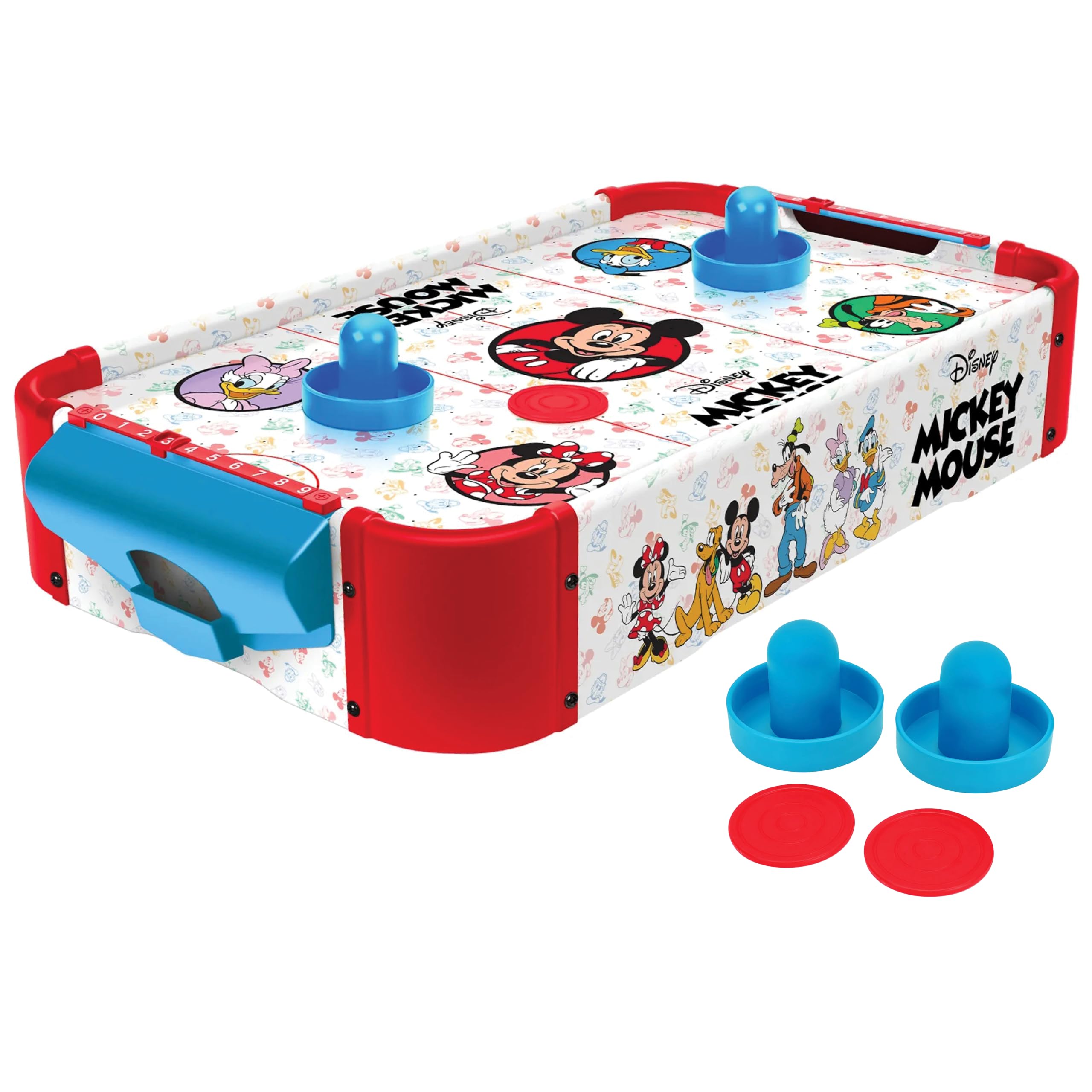 Disney Mickey Mouse, Minnie, Donald, Daisy & Goofy Air Hockey Table for Kids - Wooden Tabletop Game with Puck, Pushers & Air Flo