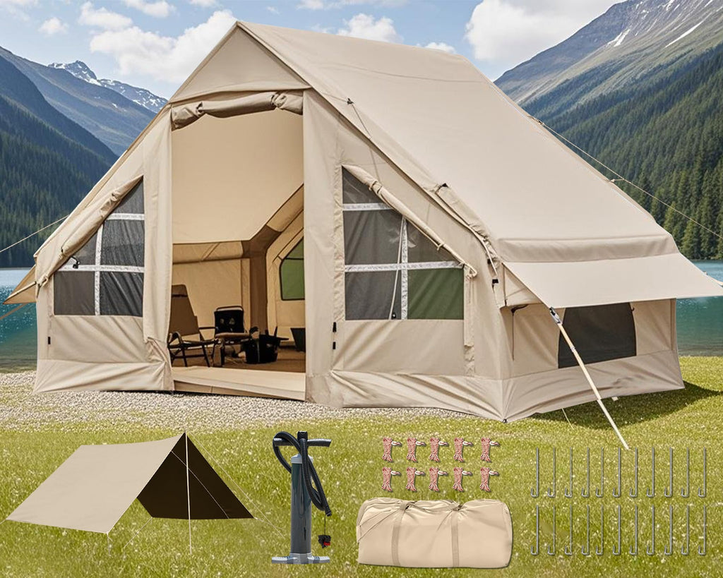 4-6 Person Inflatable Cabin Camping Tent With Canopy, Picnic Blanket - Waterproof, Easy Setup
