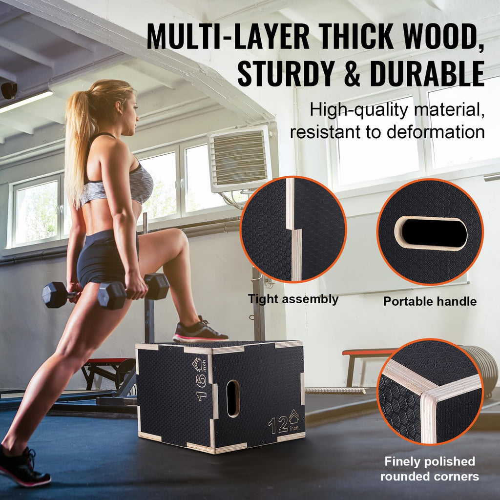 Vevor 3 In 1 Plyometric Jump Box, 16/14/12 Inch Wooden Plyo Box, Platform & Jumping Agility Box, Anti-Slip Fitness Exercise Step
