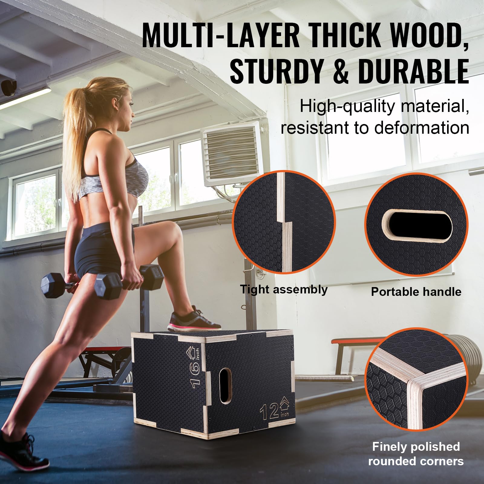 Vevor 3 In 1 Plyometric Jump Box, 16/14/12 Inch Wooden Plyo Box, Platform & Jumping Agility Box, Anti-Slip Fitness Exercise Step