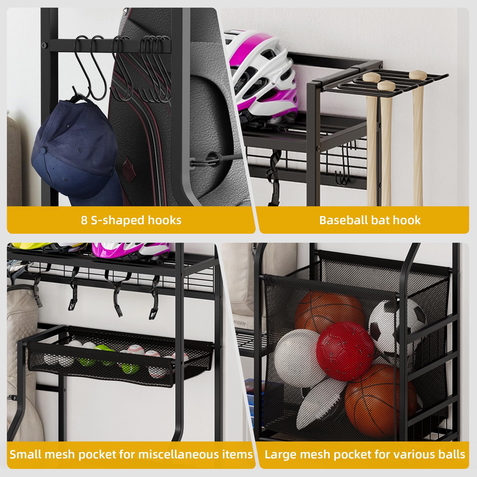 DWVO Sports Equipment Organizer, 3 Golf Bags Storage Stand with Wheels, Sport Gear Accessories Rack and Ball Organizer Bin for G