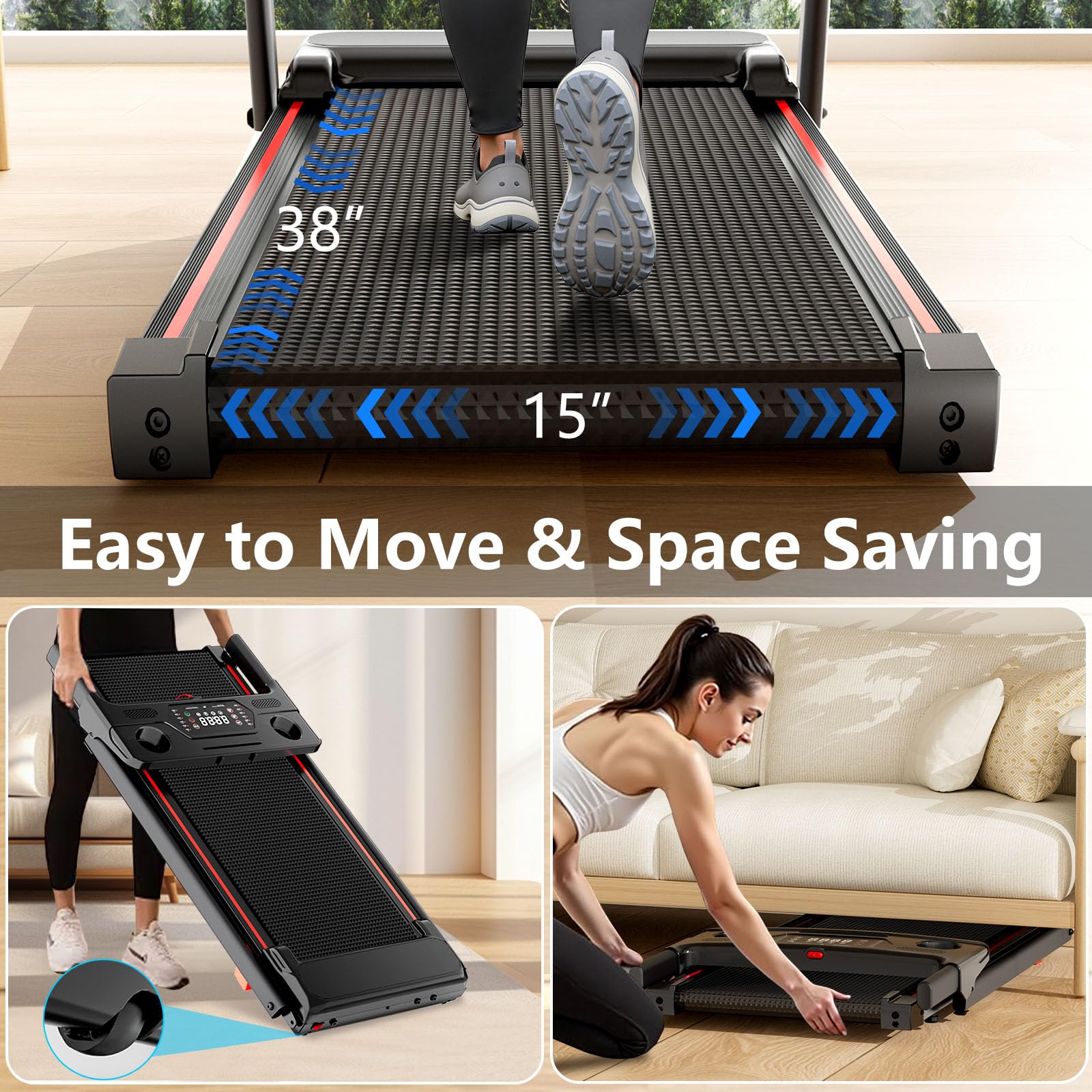 Treadmill with 8% Incline, Walking Pad Treadmill with Handle Bar, Portable Folding Treadmills for Running and Walking, 3.0HP Bru