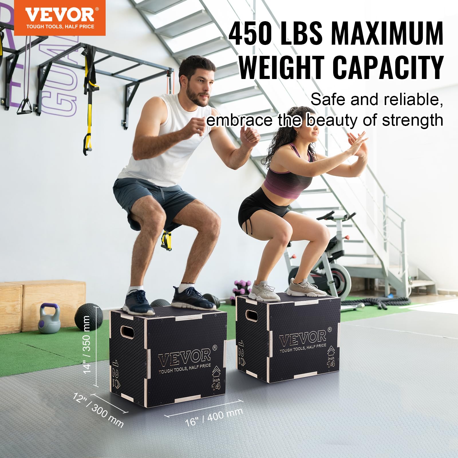 Vevor 3 In 1 Plyometric Jump Box, 16/14/12 Inch Wooden Plyo Box, Platform & Jumping Agility Box, Anti-Slip Fitness Exercise Step