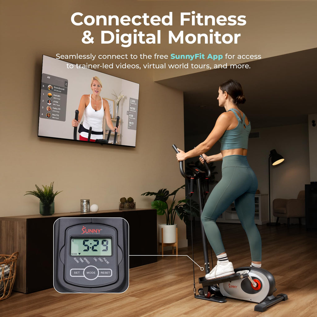 Sunny Health & Fitness Smart Compact Elliptical Cross Trainer with Handlebar and Exercise Bands, Magnetic Resistance, Senior Hom