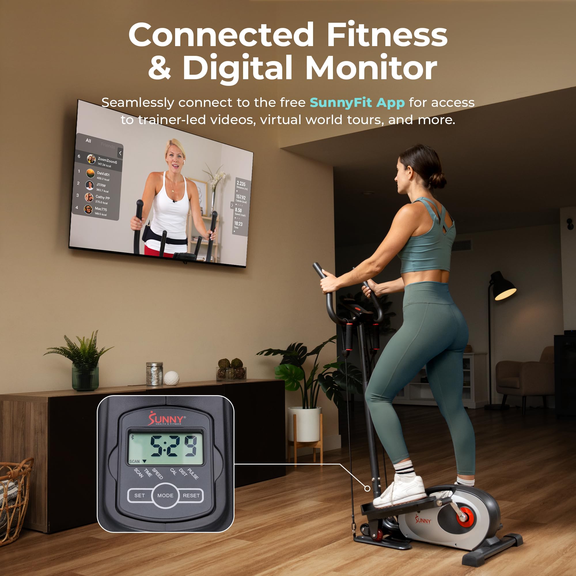 Sunny Health & Fitness Smart Compact Elliptical Cross Trainer with Handlebar and Exercise Bands, Magnetic Resistance, Senior Hom