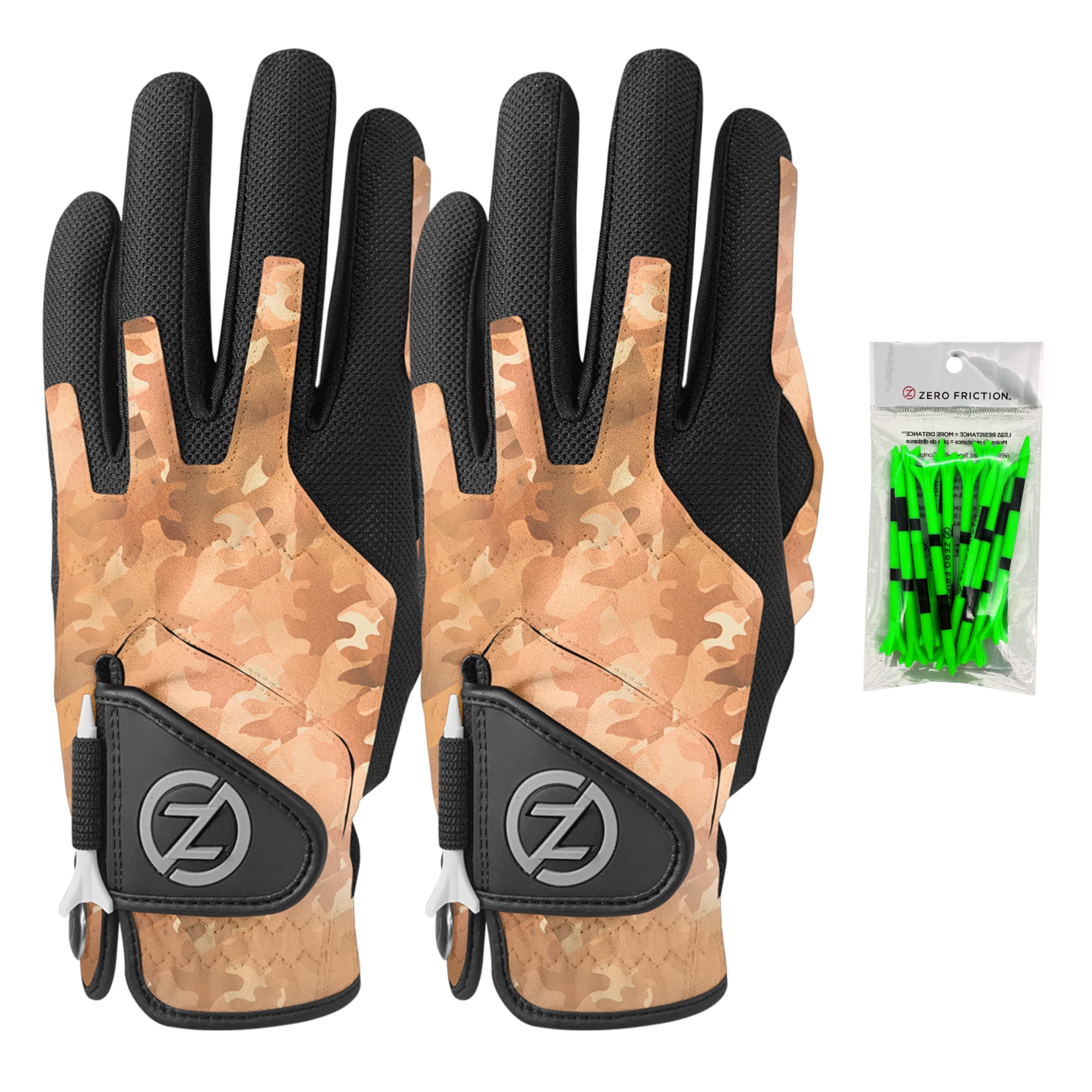 Zero Friction Mens Compression-Fit Synthetic Golf Glove, Universal Fit One Size (Pack of 2) with Pack of Golf Tees, Desert Camo