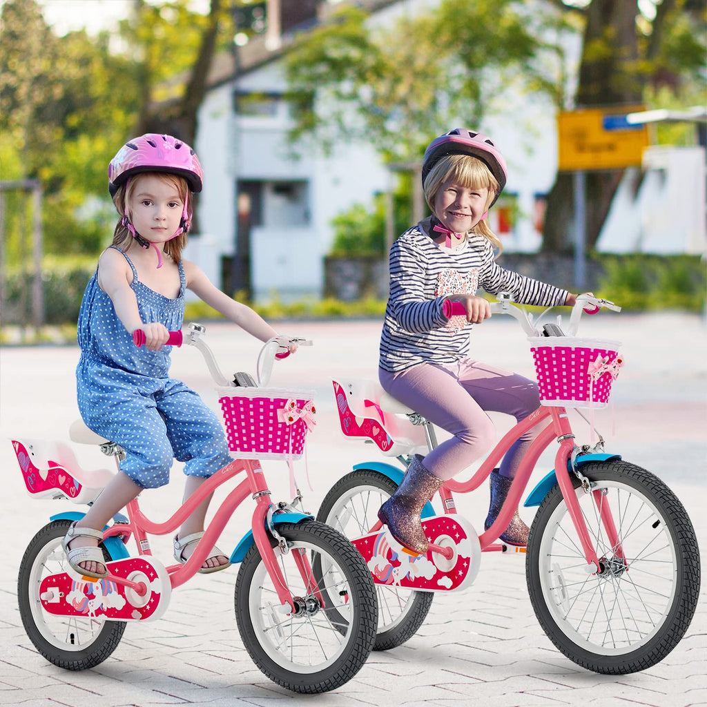 Gymax Kids Bike, 14 18 Inch Kids Bicycle With Training Wheels,Front Handbrake, Basket, Ring Bell & Doll Chair, Toddler Bike For