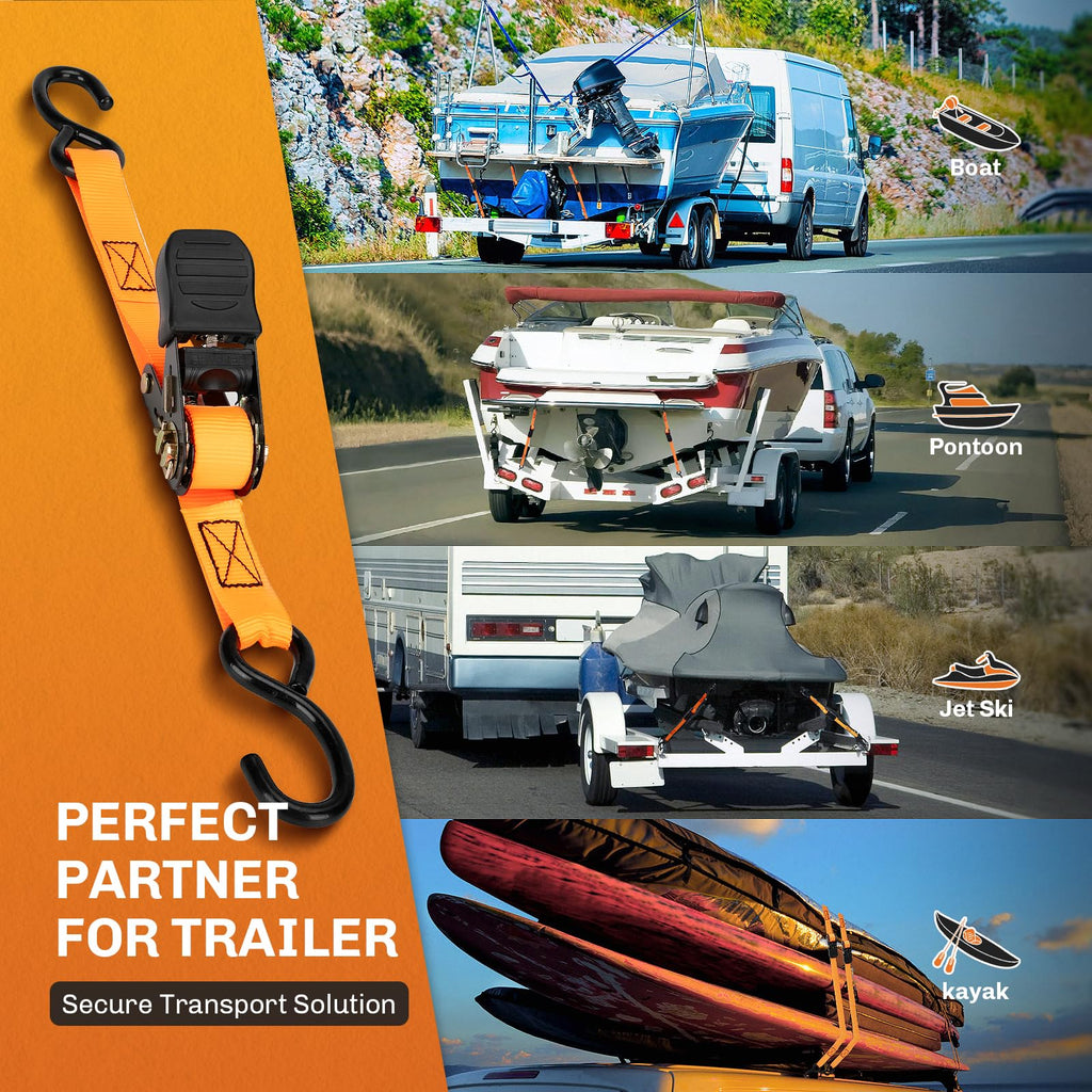 Welluck Boat Trailer Transom Tie Down Straps 2400 Lbs, 1 Inch X 4 Ft Heavy Duty Retractable Ratchet Straps Tie Downs To Trailer