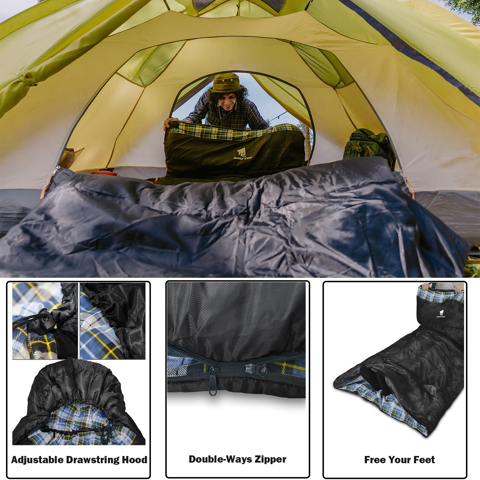Geertop Portable Sleeping Bag For Camping Lightweight 3 Season Warm & Cold Weather Big & Tall Camp Sleeping Bags For Adults Outd