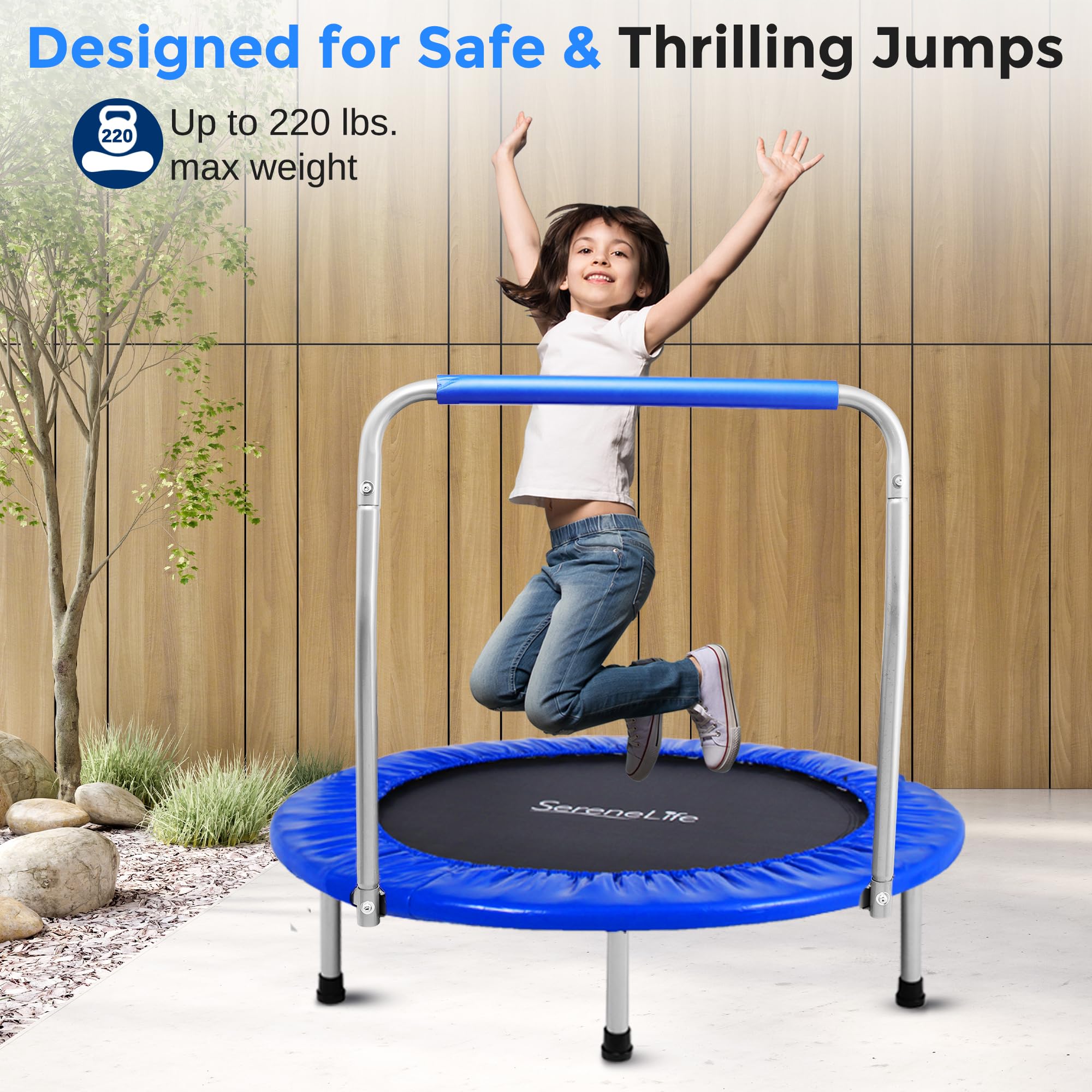 SereneLife 36 Mini Foldable Toddler Trampoline with Handle Bar, Rebounder Trampoline for Kids, Indoor/Garden Fitness & Play, Exe