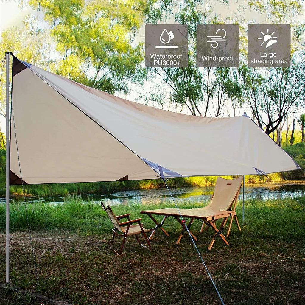 Yuewo 15?10Ft Camping Tarp With 2 * 7Ft Poles, Waterproof & Lightweight Tent Tarp, Rain Fly Sun Shelter, 210D Oxford Upf50+ Shel