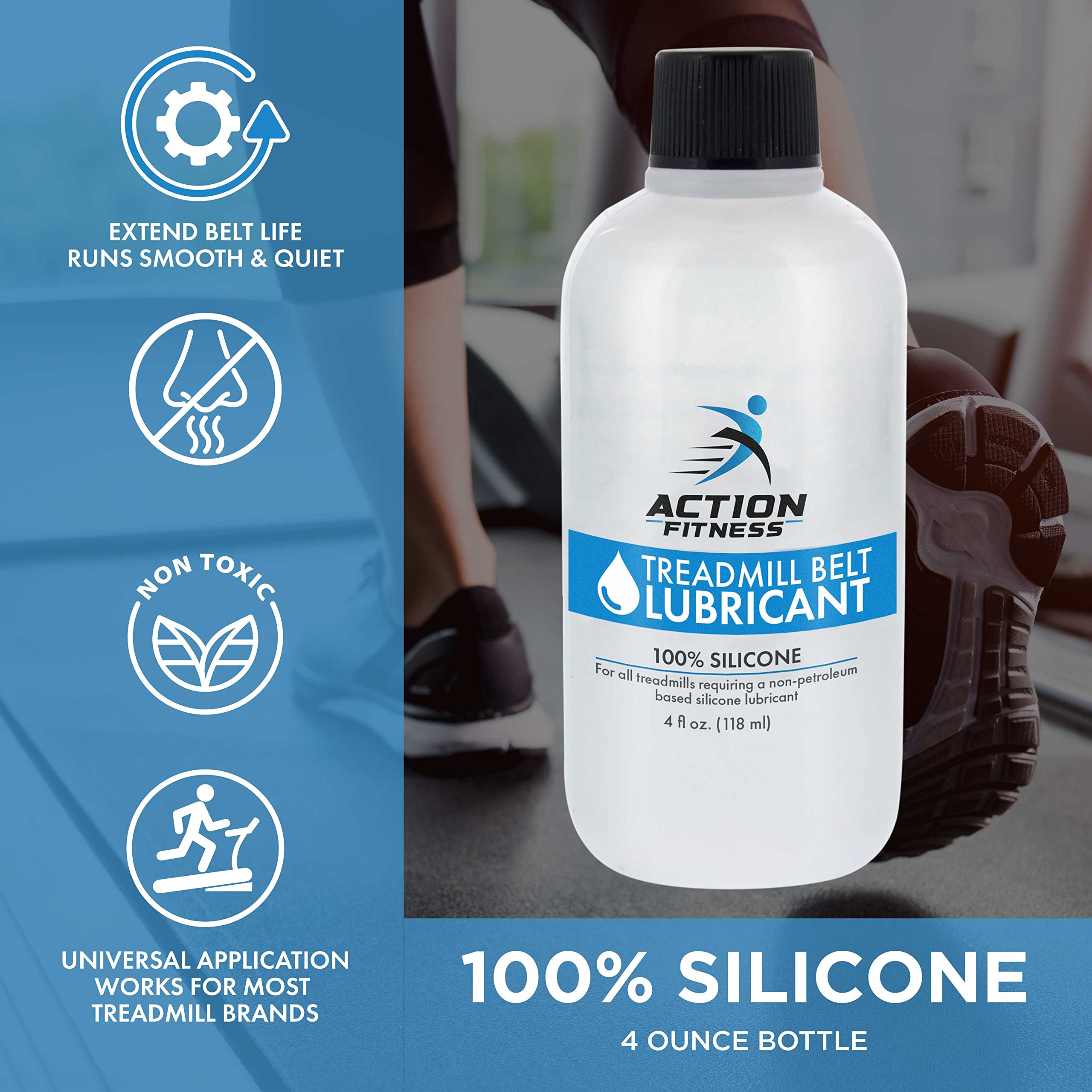 Action Fitness 100% Silicone Treadmill Belt Lubricant, 4-Ounce Bottle With Both An Application Tube And A Twist Spout Cap - Easy