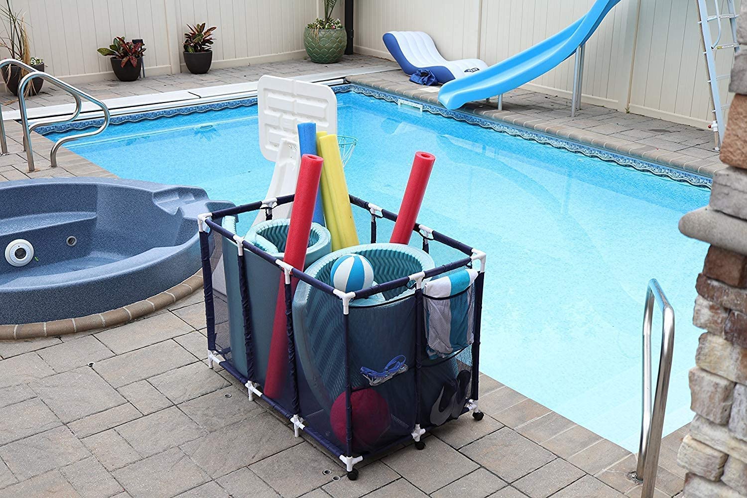 Modern Blue Pool Storage Bin - Xx-Large | Nylon Mesh Basket Organizer For Your Goggles, Beach Balls, Floats, Swim Toys & Accesso