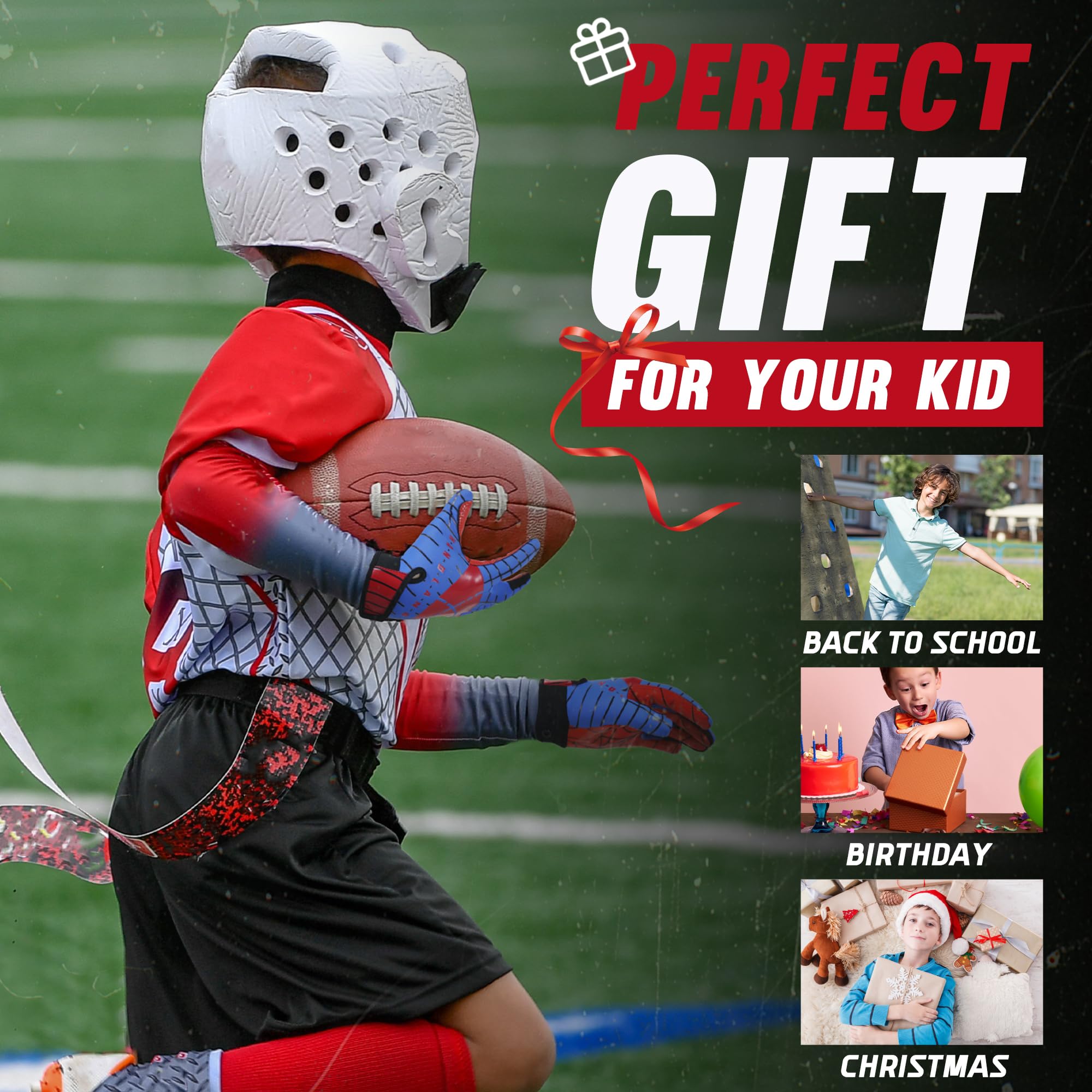 AIGEVTURE Youth Football Gloves Kids Inspired Receiver Gloves Boys Girls Unmatched Grip Comfort Blue and Red Large