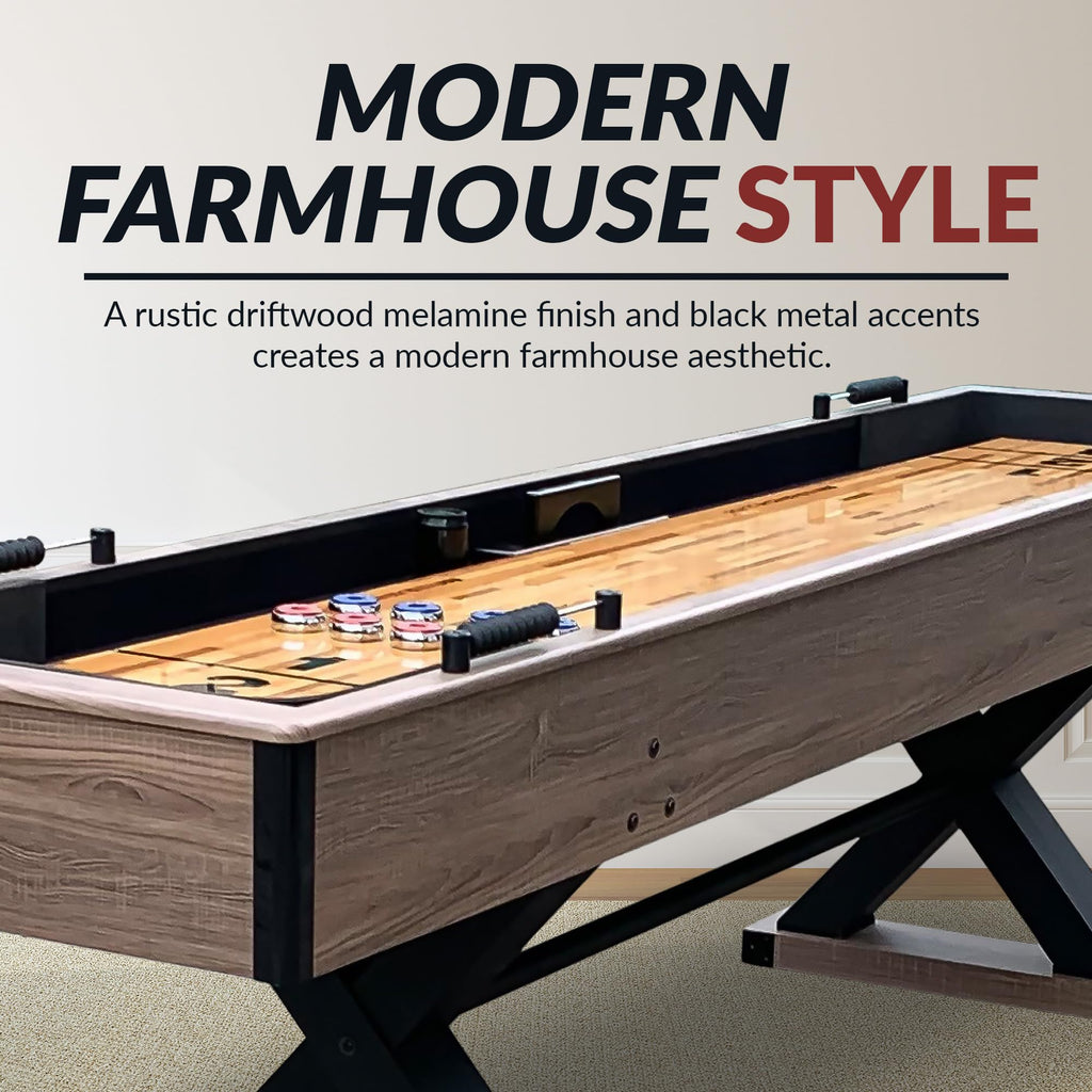 Hathaway Excalibur 9-Ft Shuffleboard Table For Great For Family Recreation Game Rooms, Designed With A Rustic Driftwood Finish W