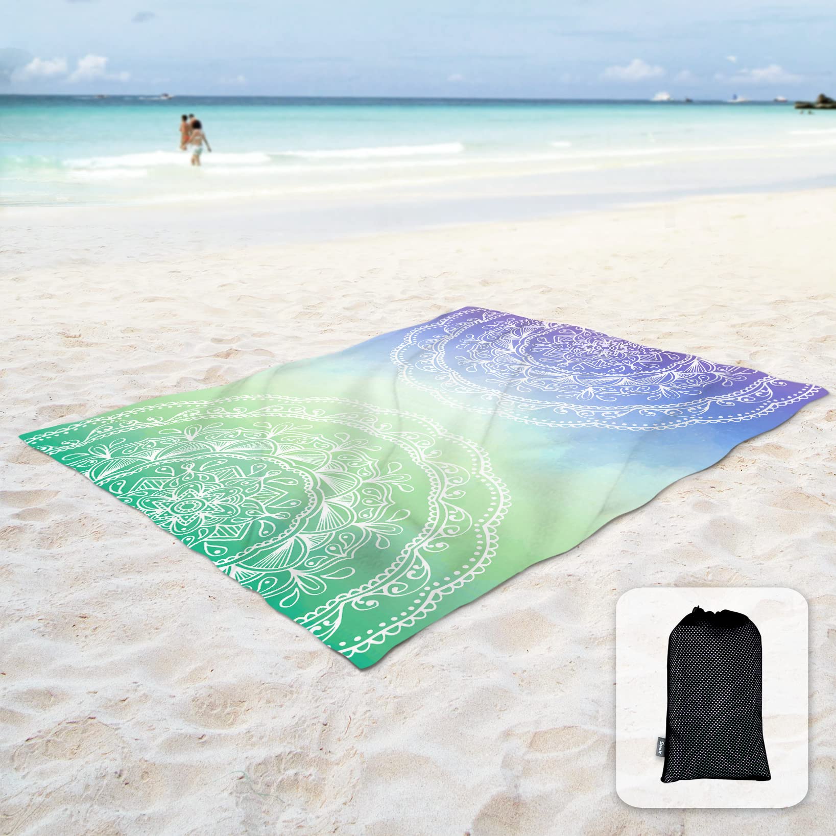 Sunlit Silky Soft 85X72 Boho Sand Proof Beach Blanket Sand Proof Mat With Corner Pockets And Mesh Bag For Beach Party, Travel, C