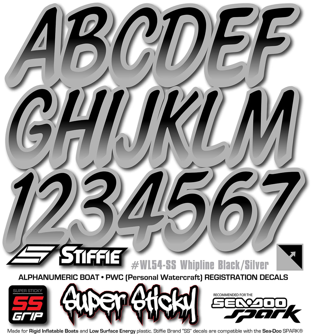 Stiffie Whipline Black/Silver Super Sticky 3 '' Alpha Numeric Registration Identification Numbers Stickers Decals For Sea-Doo Sp