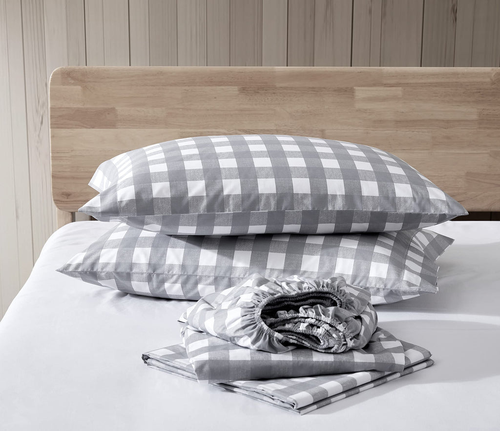 Eddie Bauer Home Sheets Cotton Percale Bedding Set, Crisp  Cool, Stylish Home Decor, King, Lakehouse Plaid Greywhite