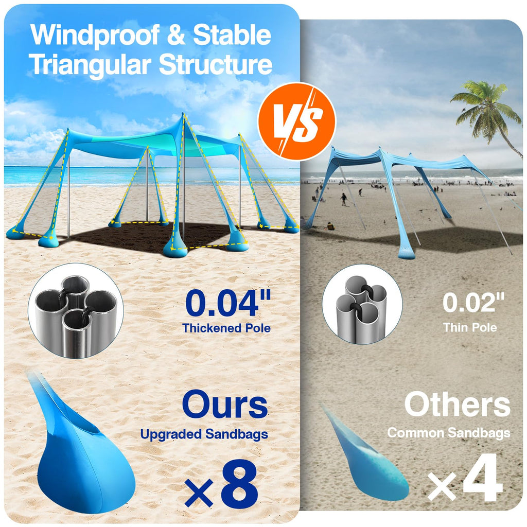 Rhino Valley Beach Tent, 10 X 10 Ft Beach Shade Upf50+ Protection, Beachcanopy With 8 Sandbags 4 Stability Poles, Outdoor Beacht