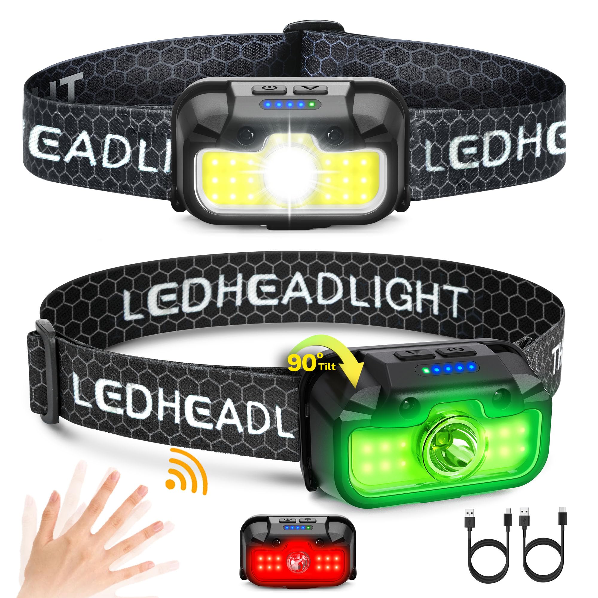 Favorlite 2 Pack Headlamp Rechargeable, 1300 Lumen Lightweight Bright with White Green Red Headlamp Flashlight, Waterproof Motio