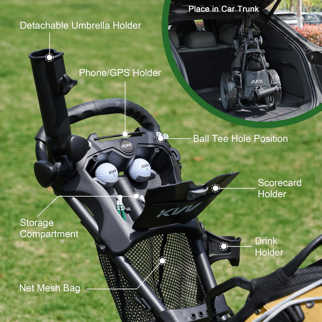 Kvv 3 Wheel 360 Rotating Front Wheel Foldable/Collapsible Golf Push Cart With Foot Brake Open And Close In One Second-Free Umbre