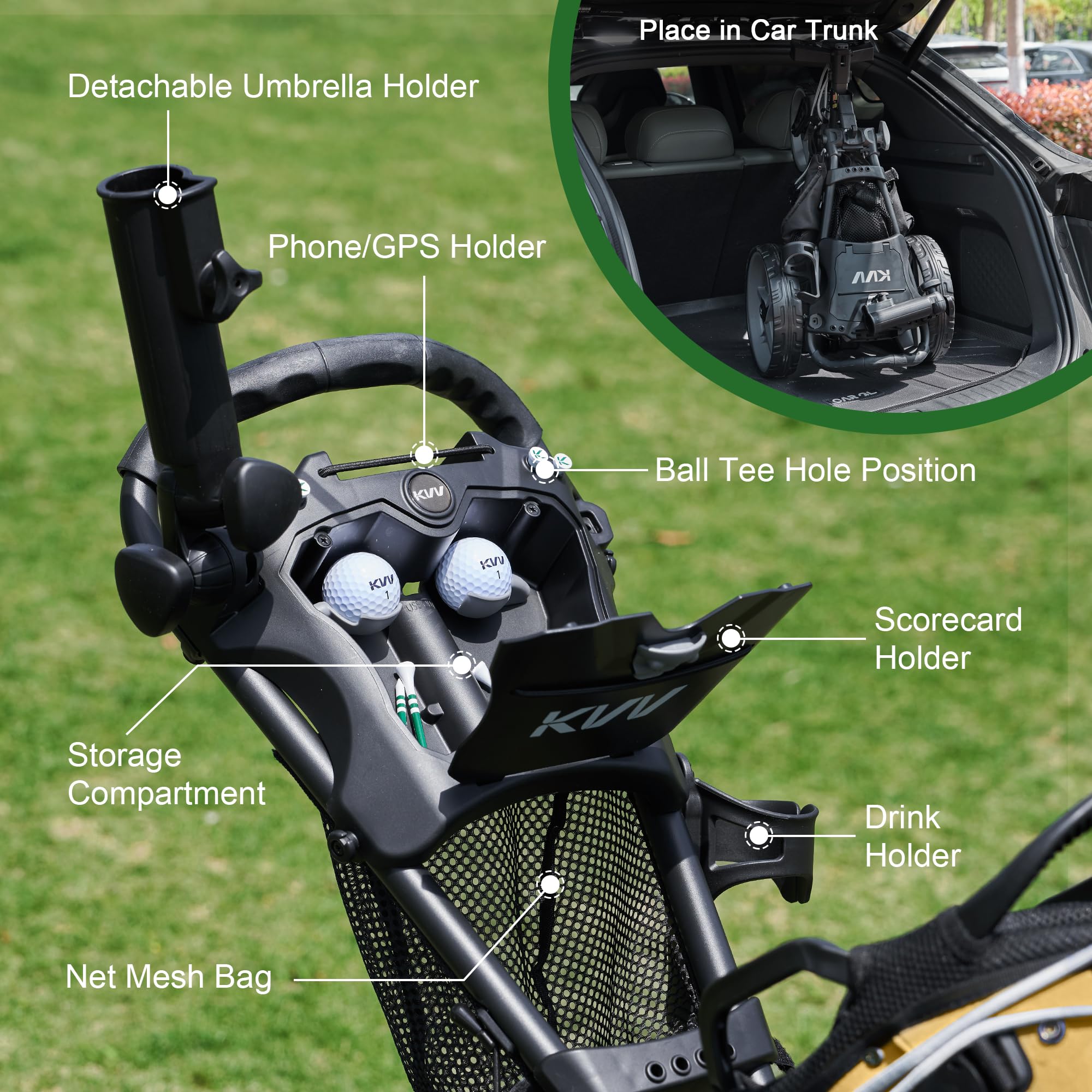 Kvv 3 Wheel 360 Rotating Front Wheel Foldable/Collapsible Golf Push Cart With Foot Brake Open And Close In One Second-Free Umbre