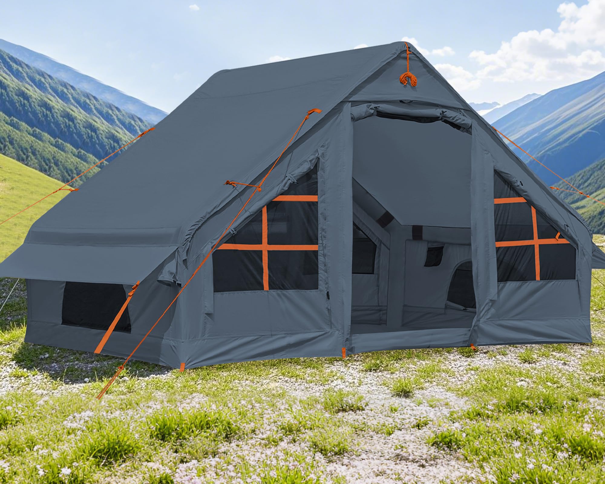 Inflatable Camping Tent With Pump, 4 Person Glamping Tents Sun Shelter, Easy Setup Waterproof Outdoor Oxford Tents, Self-Support
