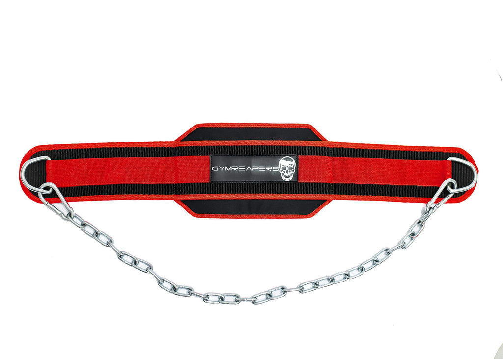 Gymreapers Dip Belt With Chain For Weightlifting, Pull Ups, Dips - Heavy Duty Steel Chain For Added Weight Training (Red)